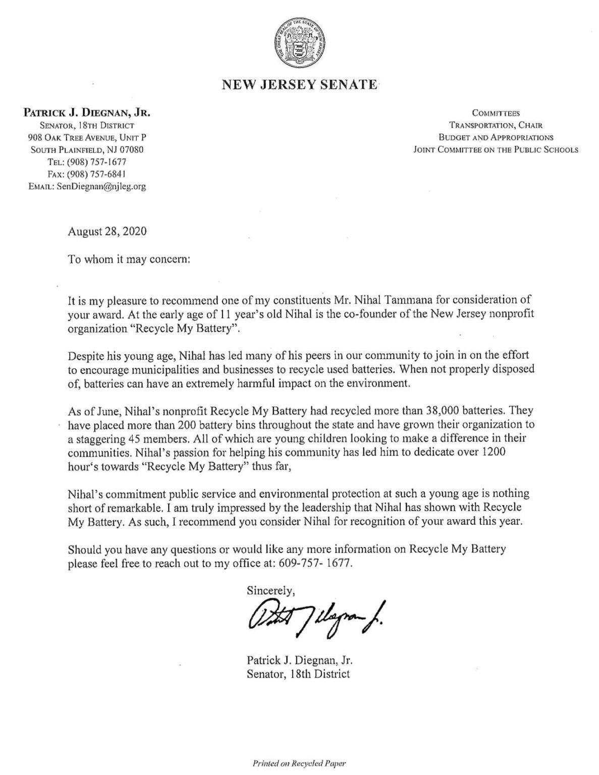 Letter of from senator Patrick J. Diegnan Recycle My